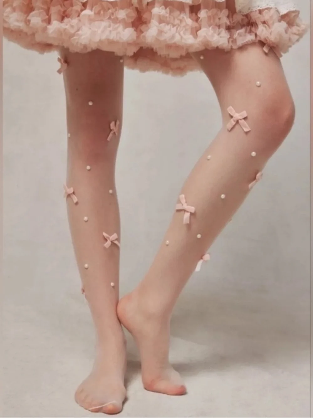 Free People Velvet Pink Bow & Pearl Sheer White Tights One Size NEW